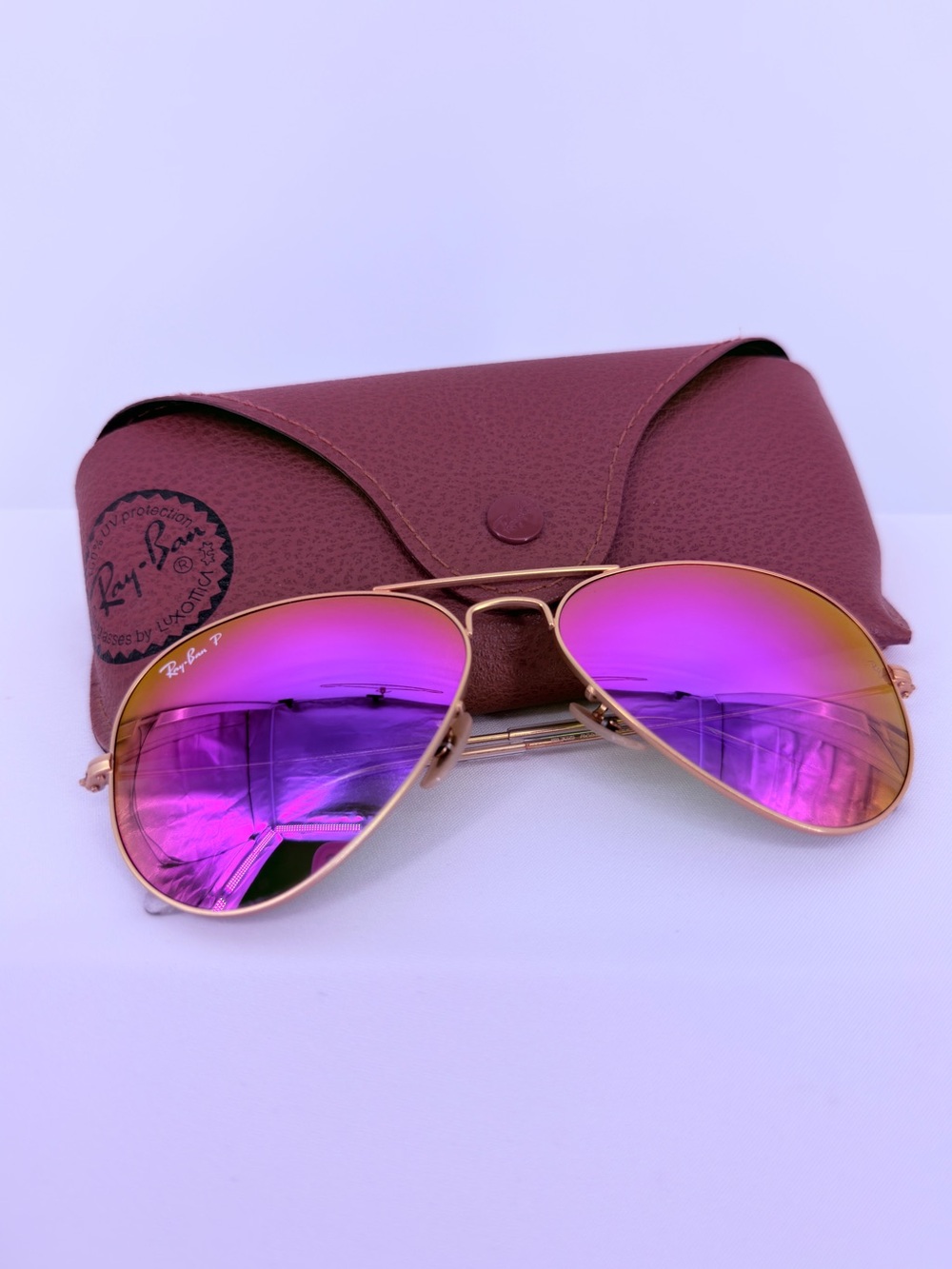 Ray-Ban Aviator Sunglasses Rose Gold Frame Pink Mirror Flash Lenses w/ Case